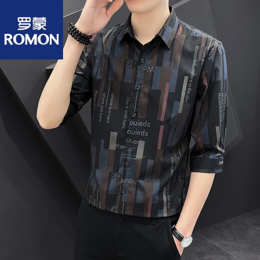 ROMON (ROMON) Camisa de manga de 7 cuartos camisa de manga de manga corta de manga corta para hombres, camisa de rayas a media manga delgada de manga, a la mano guapda de manga media 679 W blanco M