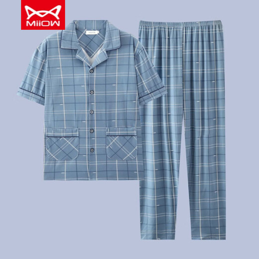 猫人 MIIOW男士睡衣男夏季纯棉休闲春秋薄款家居服套装短袖青年夏天加大码 G3881蓝色（短袖） L 【建议-120斤】