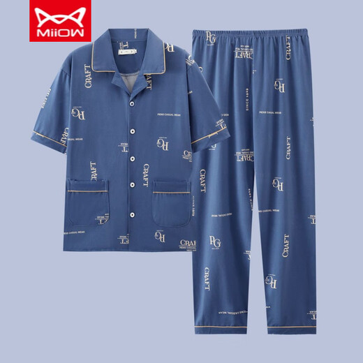猫人 MIIOW男士睡衣男夏季纯棉休闲春秋薄款家居服套装短袖青年夏天加大码 G3881蓝色（短袖） L 【建议-120斤】