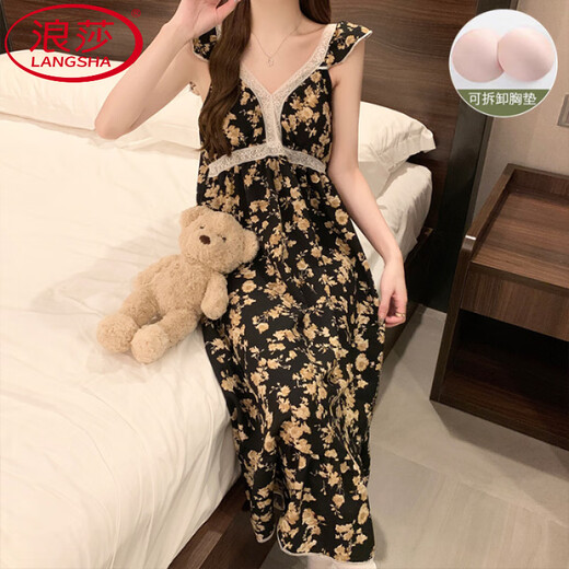 LangSha (LangSha) Princess Style Pajamas for women in summer sleeveless chest pad nightgown sexy internet celebrity girl new long skirt outside home clothes Lemon yellow 9906D with removable chest pad M 75-100Jin [Jin equals 0.5 kg]