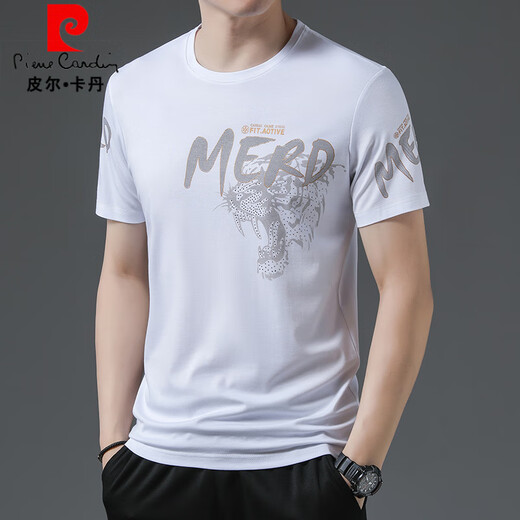 皮尔卡丹（pierre cardin）夏季新款冰丝短袖t恤中青年男士圆领印花潮流薄款休闲上衣体恤衫 白色733 M 165【建议100-120斤】