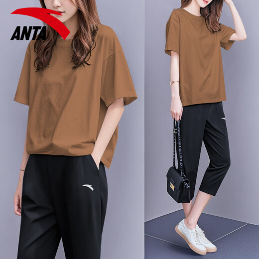 Anta short-sleeved suit for women in summer loose slim half-sleeved T-shirt for women casual two-piece set fashionable sports suit - 6 basic black [same style for men and women] M/170 [Girls recommend taking a small size]