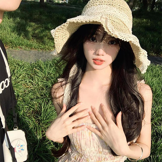 Memana straw hat French summer straw hat women's summer sun protection hat beach beach photography hat new lace sun hat beige