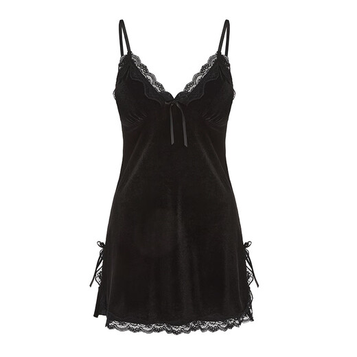 GUI RUO (GUI RUO) Light Luxury Velvet Pajamas Sexy Pread Pading Starch Sfunder Nightgown Cómoda Ropa para el hogar Bata exterior 3879 Negro (Bata externa + Cinturón, todo tamaño