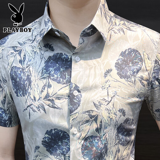Playboy (Playboy) Camisa floral para hombres Camiseta corta de manga de verano 2025 Nuevo verano Summer Seda Psychy Slim Camisa floral impresa Hombres Azul 9885 M [sugerido 115Jin [Jin iguala 0.5 kg]]]