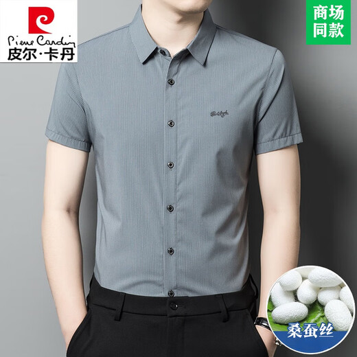 皮尔卡丹（pierre cardin）2025夏季新款高档条纹冰.丝短袖衬衫男含桑蚕丝商务休闲衬衣男装 FC2603款-深灰 3XL 190【适合体重185-220斤】