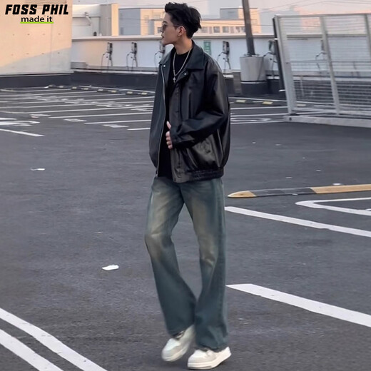 Foss Phil leather jacket men's autumn and winter retro pu leather jacket casual lapel solid color top Q2499 black L