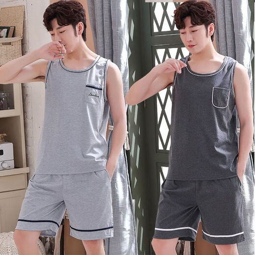 Hiver Mist Men's Pyjamas Summer Cotton Cotton Men's Ultra-Thin Loose Plus taille sans manches Vers les vêtements de maison peuvent être portés à l'extérieur de 9928 # (Shorts à manches courtes) L Poids 100-120Jin [Jin est égal à 0,5 kg]