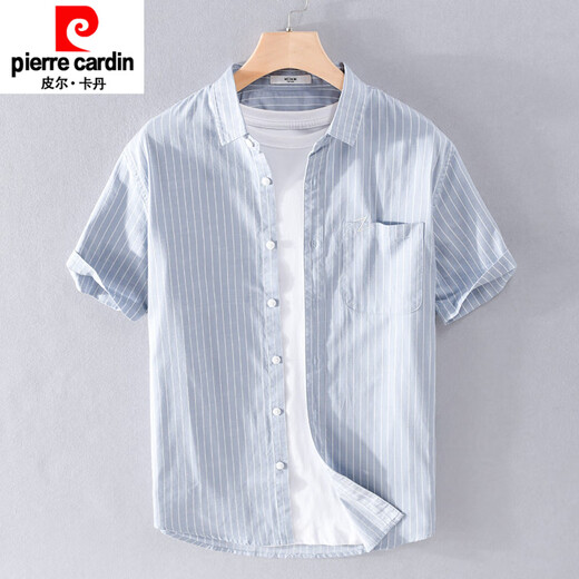 Pierre cardin men's striped short-sleeved shirt summer loose thin clothes cotton embroidered casual versatile shirt summer clothing new product 9738 black stripes M 100Jin [Jin equals 0.5 kg]