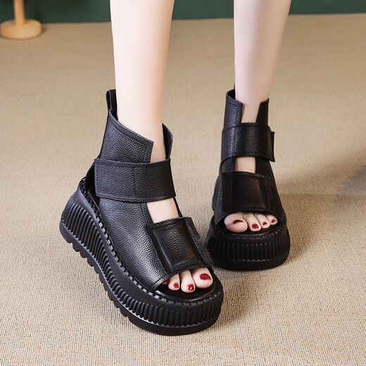 Lairan cowhide sandals thick-soled heightened women's shoes, wedge velcro hollowed-out Roman shoes versatile 2025 summer new style black 37