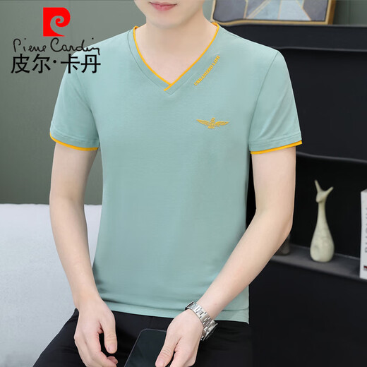 皮尔卡丹（pierre cardin）夏季男士短袖t恤纯棉v字领潮流修身半截袖青年休闲上衣服薄款汗衫 黑色 QY693 M