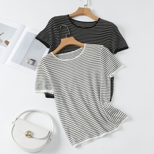 Sophie Ser Round Seck Shece Lint Risted Thind Sweater для женщин 2025 Летняя мода Универсальная повседневная черная полоса