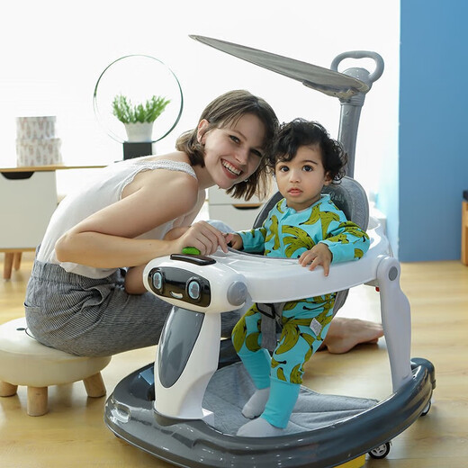 Walker o-legging Baby Multifunktions Anti-Roll-Off-Trolley Baby kann sitzen und schieben, Startauto-Flaggschiff elegantes Grau mit Musikbox + Langer Push-Bar +