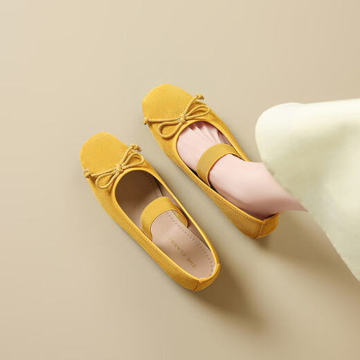 ZHR Single Shoes Frauen Sommertemperament Bow weiche flache Mary Jane Lederschuhe Frauen flacher Mund Ballet Frauenschuhe AH683 gelb 39