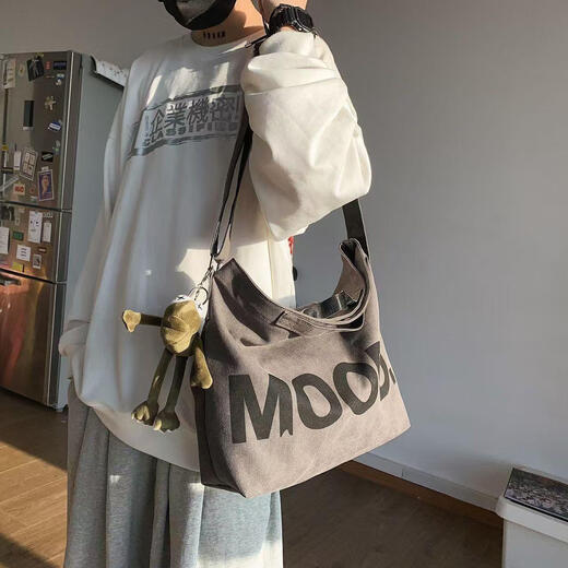 Bags for women 2024 new men's crossbody bag large capacity canvas bag class bag female student Korean version versatile military green MOOD shoulder bag + frog pendant #2#