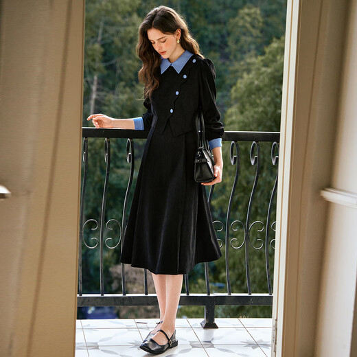 Olrain French Couleur contrastée robe en velours côtelé pour les femmes à l'automne 2025 Nouvelle jupe longue mince noire L