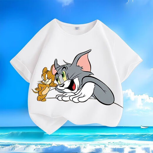 Cat and mouse summer new cartoon short-sleeved T-shirt for men and women, small and medium-sized children, pure cotton round neck, loose and versatile - SL yellow - KX683 Cat and mouse, one size [a small size/suggested to take a larger size]