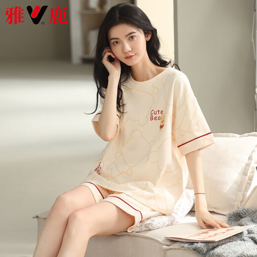 El pijama de verano de alta gama de Yalu para mujeres en el verano, los pantalones cortos de algodón puro para mujeres se pueden usar fuera del nuevo juego de ropa para el hogar de algodón de año nuevo 9854 marca pura algodón M 80-100Jin [Jin iguala 0.5 kg]