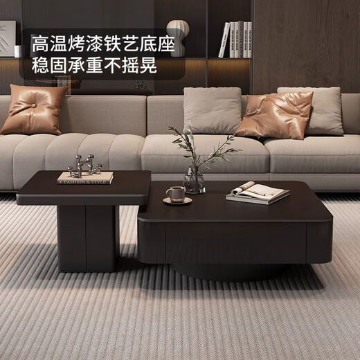 Zhixing Italian gray slate coffee table light luxury high-end style small apartment living room home Italian minimalist 2025 new square coffee table square + T new Italian gray slate black frame black cabinet 80 slate + side table 60