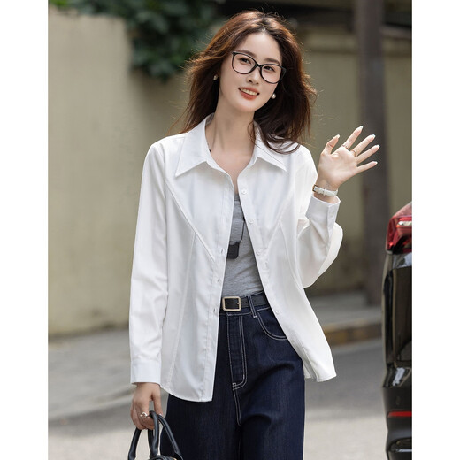 Demana Commuting Comfort Zone Autumn minimalist style lapel shirt design stitching vertical cut flesh-covering shirt women's tops