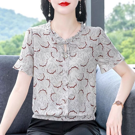 时尚印花夏装新款宽松遮肚子小衫高端洋气妈妈上衣短袖雪纺衫女士 花色 M 【建议90-100斤】