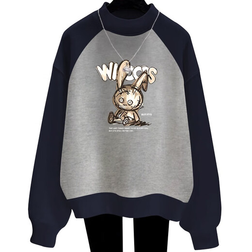 
GTYUWVG half turtleneck sweatshirt for women's autumn clothes new loose European style contrasting color raglan plus velvet thickened rabbit top coat 6227 flower gray blue half turtleneck raglan sleeves plus S 80-100Jin [Jin equals 0.5 kg]