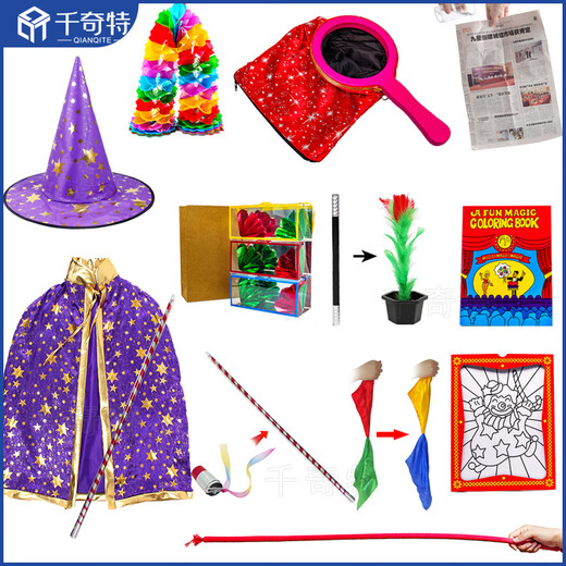 La baguette magique se transforme en fleur, le pot vide se transforme en fleur, le bâton se transforme en fleur, le grand pot de fleur produit des fleurs, des accessoires magiques, un spectacle de jouets pour enfants, 10 scènes magiques + un ensemble de costumes magiques violets.