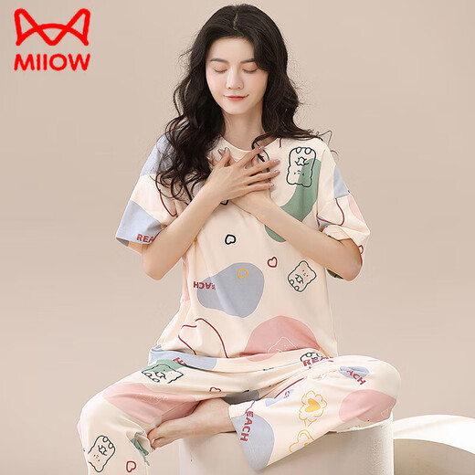 Catman (MiiOW) pure cotton pajamas for women in summer new large-size short-sleeved trousers spring and autumn summer women's home clothes thin two-piece set ZH-9721 M