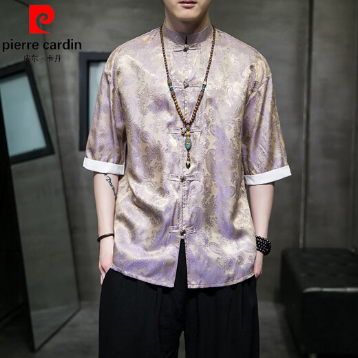 皮尔卡丹（pierre cardin）冰丝唐装中国风夏季薄款短袖衬衫男复古宽松汉服大码五分袖衬衣服 A686黄色 XL 135-150斤