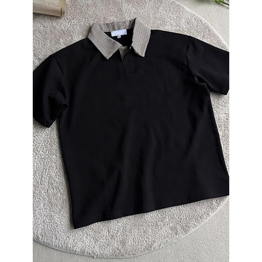 Amerikaner Retro Houndstooth Kurzärärmelte Polo-Shirt Herren Sommerfarbe Henry Kragen T-Shirt Schwere Reinigungsmittel halbärmelig weiß L.