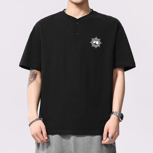 OLJ International Luxury Brand Short Sleeve T-shirt Men's Loose Embroidery Summer 2025 New Micro Loose American Casual Henry Collar White XL