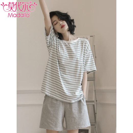 Modal Pyjamas für Frauen im Jahr 2025 Sommer neue kurzärmelige Shorts Striped Casual and Mode können an der Außenseite getragen werden, um die einfache Heimbekleidung mit 9859 M zu befriedigen 75-95jin [Jin gleich 0,5 kg]