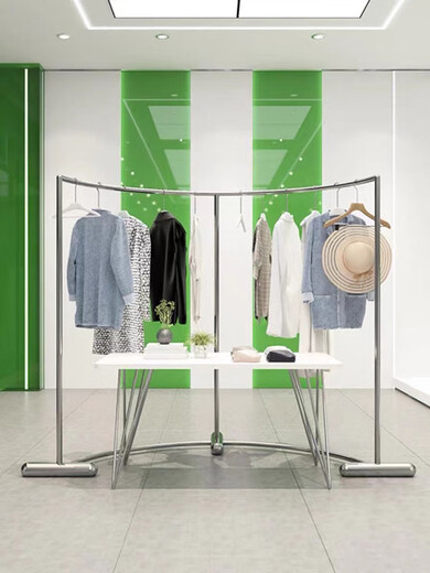服装店展示架弧形中岛架货架落地新款不锈钢半圆男挂衣服架子 长150*高15051粗底座