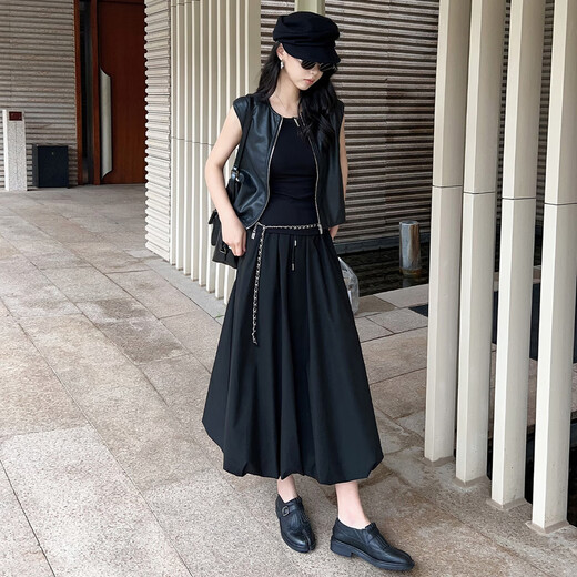 MeiYANG (MEIYANG) big white cloud skirt light sweet cotton sweet and acetic acid blend_flower bud mid-length skirt black L