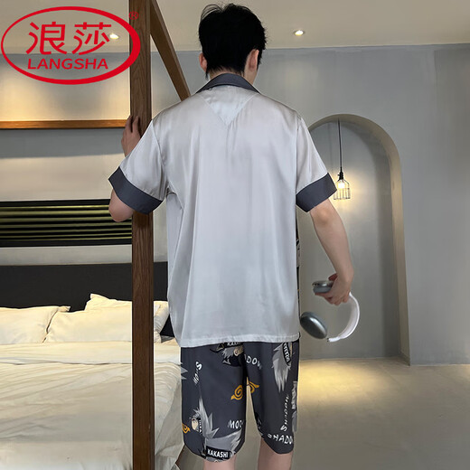 浪莎（LangSha）凉感桑蚕丝短袖男士睡衣2025夏季卡通动漫可外穿男生家居服套装 冰丝6629 L (建议身高170左右，体重100-