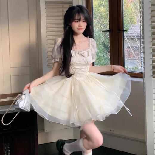 亨美初白色法式连衣裙裙子女夏季2025新款高级感小个子减龄纯欲礼服短裙 蝴蝶结提花仙女感公主蓬蓬裙 L 【建议80-115斤】
