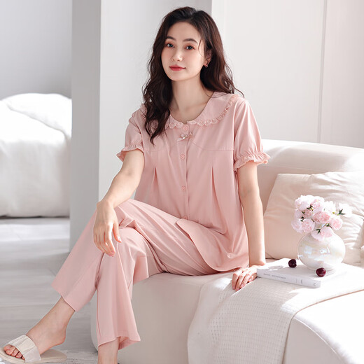 MUJI COM无印muji带胸垫睡衣女夏天凉感纯棉短袖长裤可外穿一体式防凹点家 Z693柔粉带胸垫 M 建议80-105斤