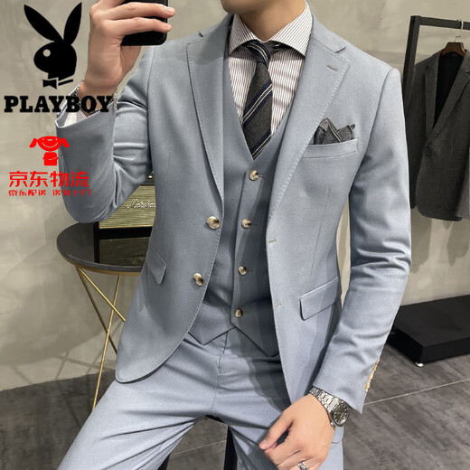 Playboy groom suit men's three-piece business professional formal wear wedding dress Korean style slim casual suit men XF20102-5 Chidanqing suit + vest + trousers 46 A