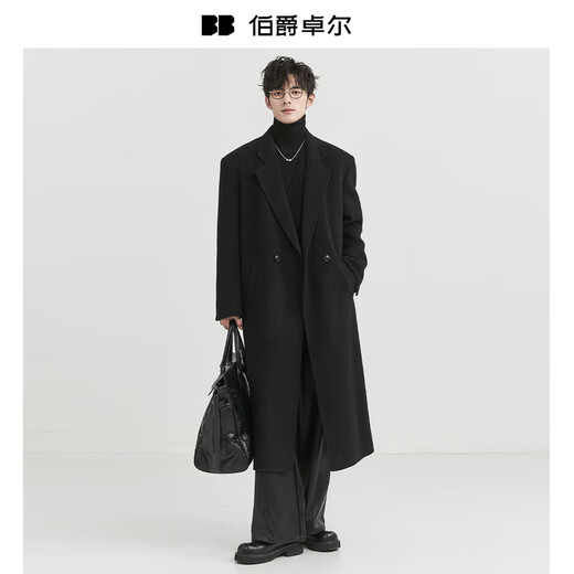 伯爵卓尔【垫肩设计长款过膝】全羊毛双面呢大衣100%男士2025秋冬通勤外套 黑色 L (175)