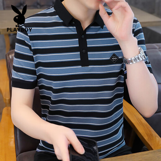 花花公子（PLAYBOY）高端夏季高端短袖t恤男士休闲百搭条纹polo衫男装翻领冰丝半袖 LD6227黑色 2XL 180