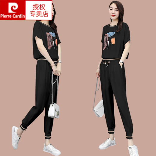 皮尔卡丹（pierre cardin）休闲时尚套装女夏季新款洋气卫衣薄款小个子冰丝小脚裤短袖两件套 【684】黑色 4XL (建议145-165斤)