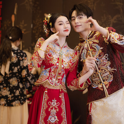 枝己情侣秀禾服2025新款中式婚纱新娘敬酒服嫁衣结婚礼服出阁服 HF045(仅女装) M