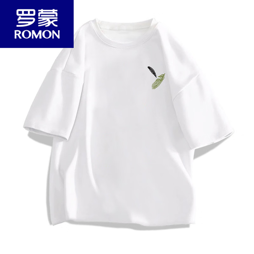 罗蒙（ROMON）男士短袖t恤夏季薄款潮牌宽松休闲印花半袖衣服男款重磅纯棉体恤 白色前左侧小图K1098 两片小羽毛 S 建议90-100斤