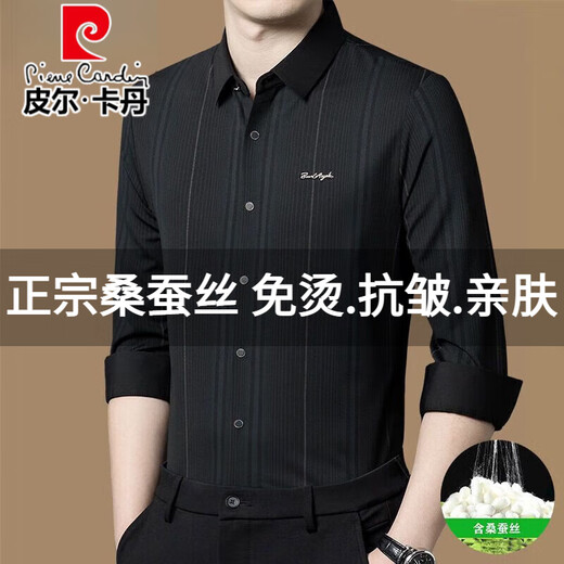 Pier Cardin High-de gamme authentique en soie de mûrier authentique à manches à manches longues pour le printemps et l'automne, New Casual Striped Ferred Business Slim Shirt Z699-Blue (haut élastique, respirant, résistant à l'usure) L 170 Recommandé 115-130jin [Jin est égal à 0,5 kg]