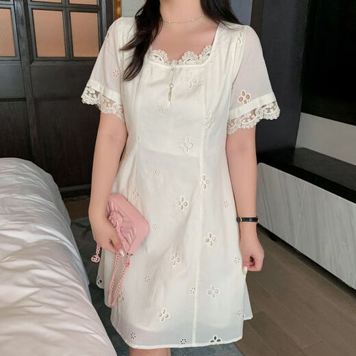 Slightly fat mm solid color temperament lace edge square collar dress for women 200 Jin [Jin equals 0.5 kg] plus size small belly-covering skirt 1391 picture color XL 120-140 Jin [Jin equals 0.5 kg]