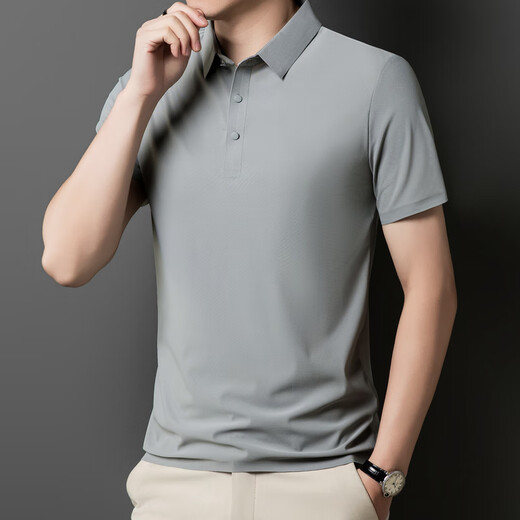 Silk Bird Summer Fashion New Men's Lapel Short Sleeve T-shirt Casual Business Breathable POLO Shirt 12358 Gray Blue XL