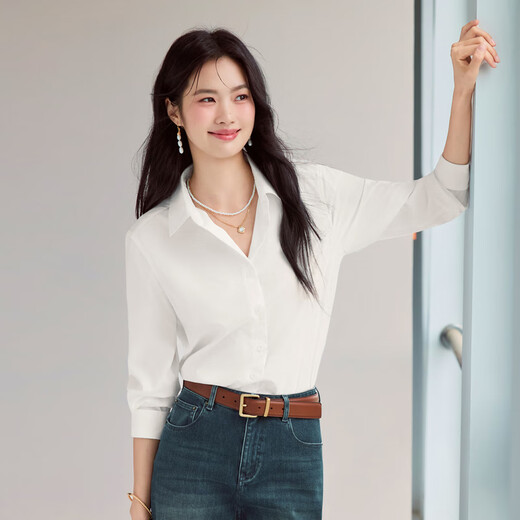 
Evely anti-wrinkle basic shoulder style workplace commuting cotton shirt for women 2025 autumn new small top This white L 115-130Jin [Jin equals 0.5 kg]