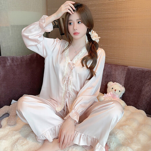 GPHF Pajama de GP japonés para mujeres Seda de seda de hielo Summer pantalones de manga larga encaje francés dulce y lindo juego de ropa para el hogar de alta gama 6622# rosa pantalones cortos de manga corta xl