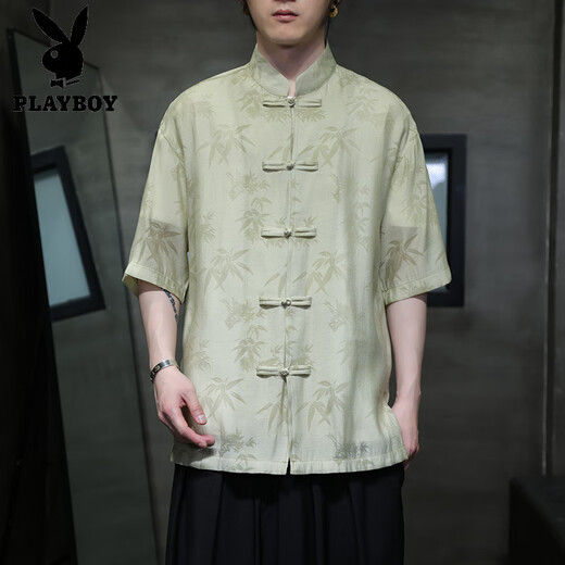 Playboy (Playboy) Summer delgado Camisa de manga corta Nuevo estilo chino Estilo antiguo Botón Tang Suit Men's Chinese Bamboo Leaf Top Zhongshan Suit CS9898 Negro 5xl