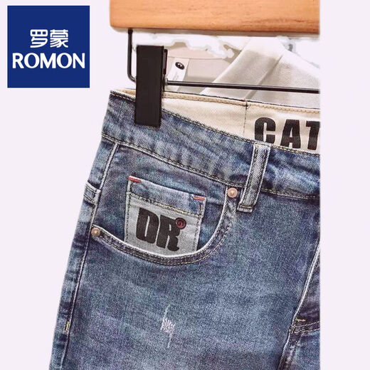 Lomon Summer Denim Mid-pantals imprimé marque à la mode Retro Nostalgic Lavage coréen Version coréenne lâche pantalon à cinq points Stretch short Men Blue High Quality # 9902 28 90-100Jin [Jin est égal à 0,5 kg]